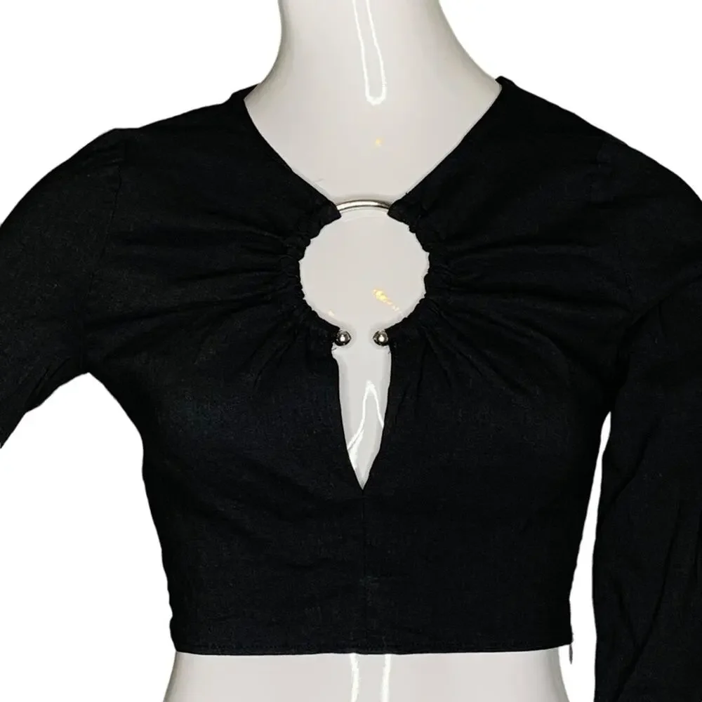 Zara Crop Top Long Sleeve Black Size M V-Neck Two Hidden Zippers